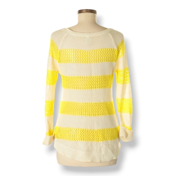 Y2K Roxy Pullover Sweater Size M Yellow Ivory Stripes Open Knit Scoop Neck Vtg - Picture 2 of 11